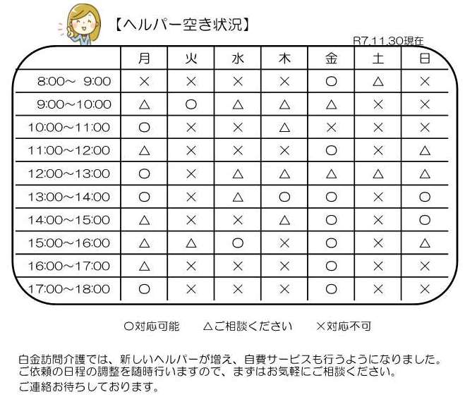 ヘルパー空き状況